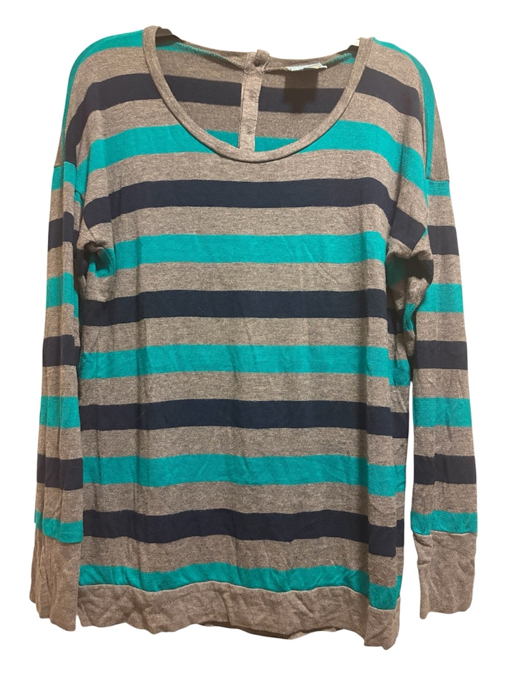 C&C California Striped Crewneck Sweater in Teal, Navy, and Gray: Women’s Large
